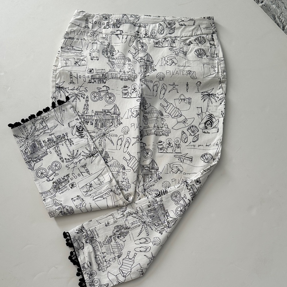 Chico's Black and White Graphic Print Pants with Pom Pom Trim